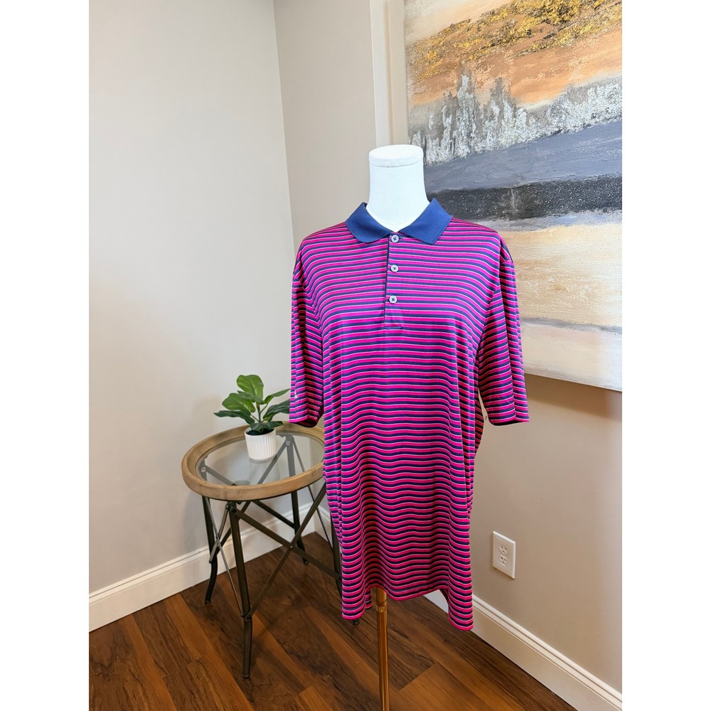 Adidas Mens Golf Polo Shirt Large Pink Navy Blue Striped Short Sleeve Athletic